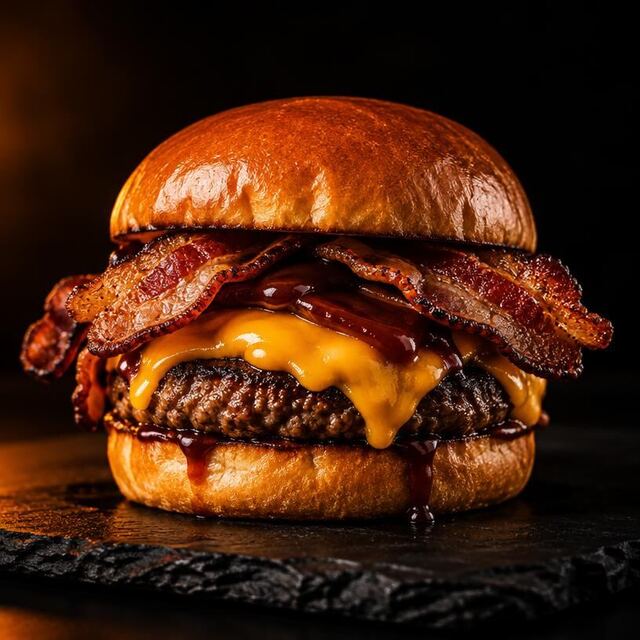 Bacon Supreme: Blend suculento, bacon crocante em fatias generosas, cheddar e molho barbecue.