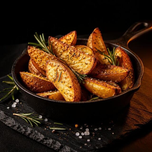 Batata Rústica: Batatas com casca, douradas, temperadas com alecrim e sal grosso.