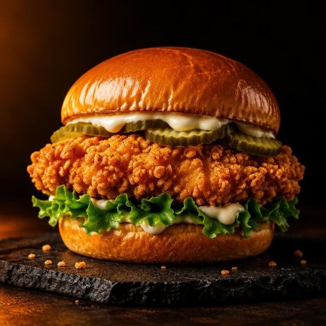 Crispy Chicken: Filé de frango empanado e crocante, alface, picles e maionese da casa.