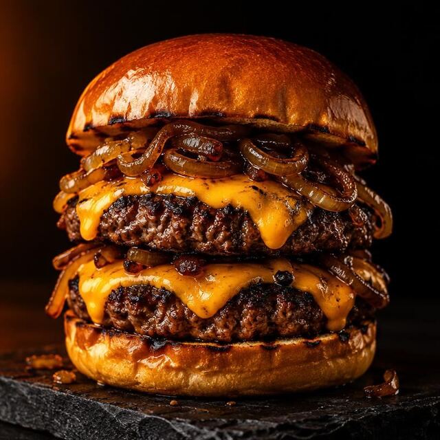 Double Brasa: Dois blends grelhados na brasa, cheddar em dobro e cebola caramelizada.