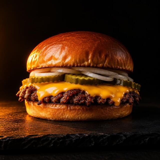Smash da Casa: Blend smash com bordas crocantes, cheddar derretido, picles e cebola no pão brioche.